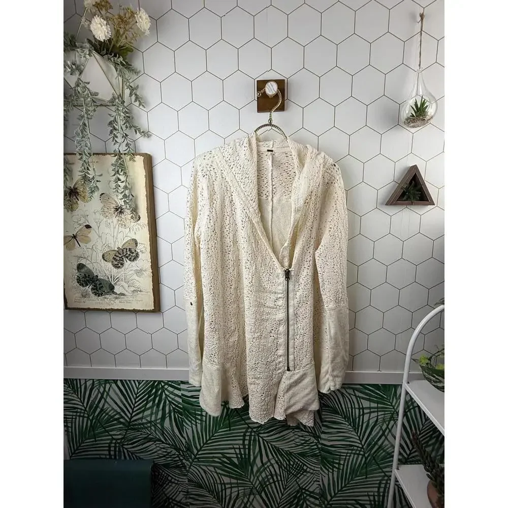 Free People Oversized Ivory Doily Cardigan Side Zip-up Jacket  - Size - Small